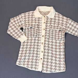 Dreamers By Debut Womens Sm Button Front Cardigan Big Houndstooth Cream Tan Pkts